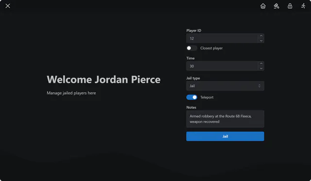 Prison MDT home with a welcome message and a jail form: player ID, closest player toggle, time, jail type, teleport toggle, notes and a Jail button.
