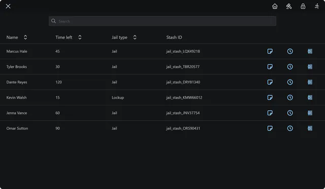 Prison MDT jailed players list with search, name, time left, jail type and stash ID columns and note, time and release buttons on each row.