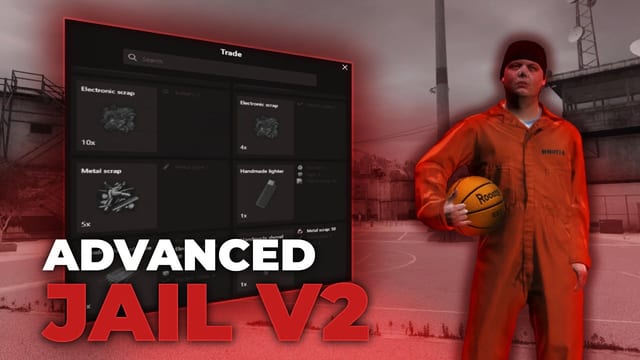 Prisoner in an orange jumpsuit holding a basketball beside a prison trade screen.