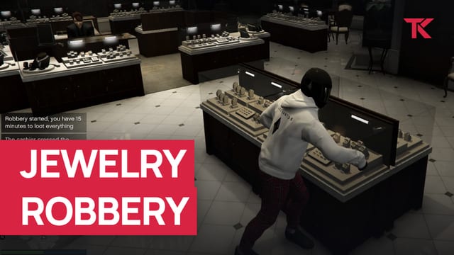 Player in a helmet reaching into a glass display case in a jewelry store, with a notification that the robbery has started and there are 15 minutes to loot everything.