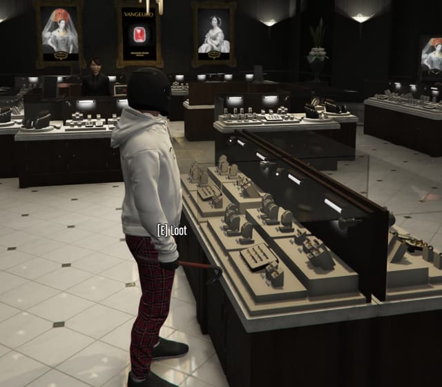 Masked player holding a crowbar at a jewelry display counter with the prompt "[E] Loot".