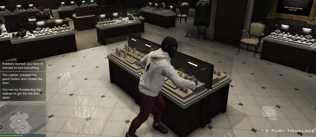 Player looting a jewelry display with notifications that the robbery started, the cashier pressed the panic button, and "+2 Ruby Necklace".