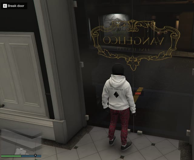 Player at a glass shop door marked Locked with the prompt "E Break door".