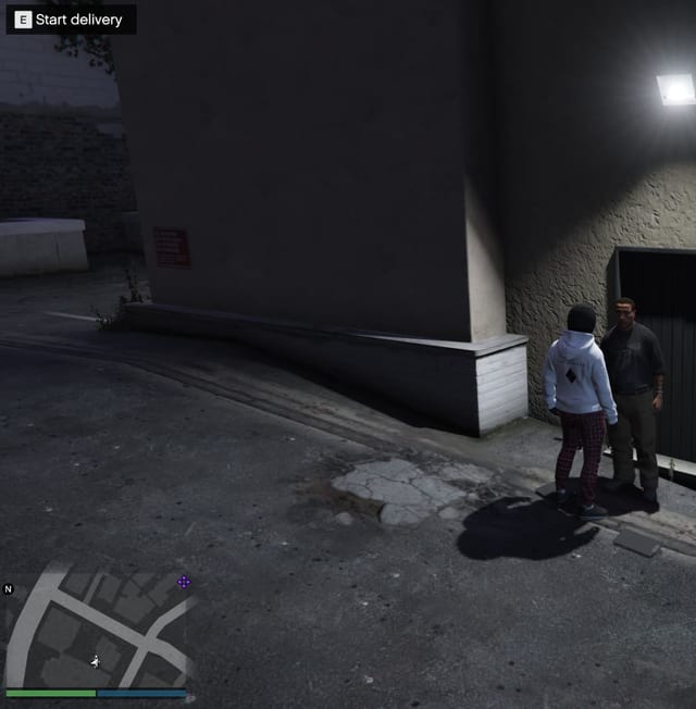 Player talking to an NPC at a dark doorway with the prompt "E Start delivery" and a minimap.