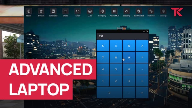 Laptop desktop with a row of app icons from Notes to Settings and the Calculator app open over a night-time city wallpaper.