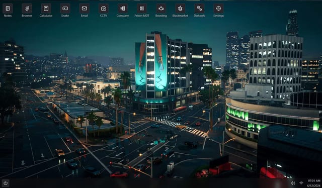 Laptop desktop over a city night scene with app icons for Notes, Browser, Calculator, Snake, Email, CCTV, Company, Prison MDT, Boosting, Blackmarket, Darkweb and Settings.