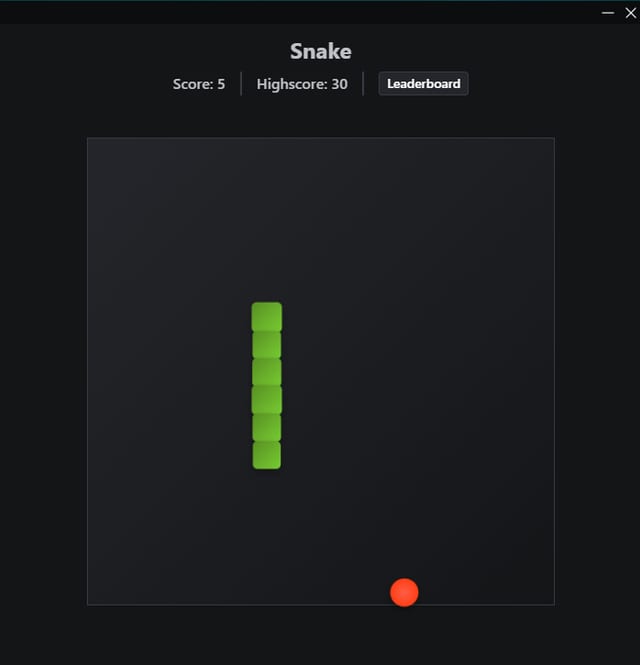 Snake game with a score of 5, a highscore of 30, a Leaderboard button and a green snake beside a red dot.