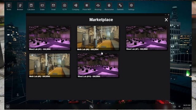 Laptop desktop with app icons for Notes, Browser, Calculator, Snake, Email, CCTV, Company, Prison MDT, Boosting, Blackmarket, Darkweb and Settings, and a Marketplace window listing weed labs and meth labs at 500,000€ each.