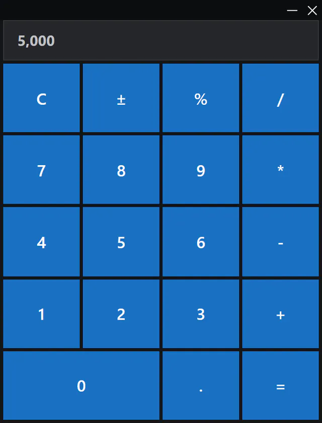 Calculator app showing 5,000 with digit, operator and equals buttons.