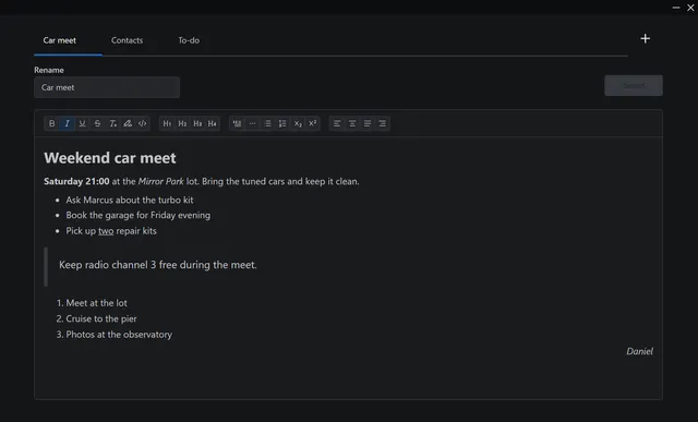 Notes app with three note tabs, a rename field and a rich-text toolbar, and a note with a heading, bold and italic text, a bullet list, a quote and a numbered list.
