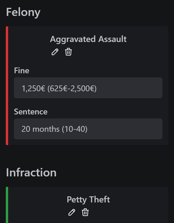 MDT V2 Charges detail: the Felony heading above an Aggravated Assault card with a fine of 1,250€ and a sentence of 20 months, each with its range, then the Infraction heading and the top of a Petty Theft card.