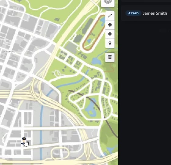 Dispatch map inside the MDT: a unit marker under the mouse pointer on the street map, line, polygon, circle, marker and delete buttons, and the unit list entry James Smith with the callsign ASSAD.