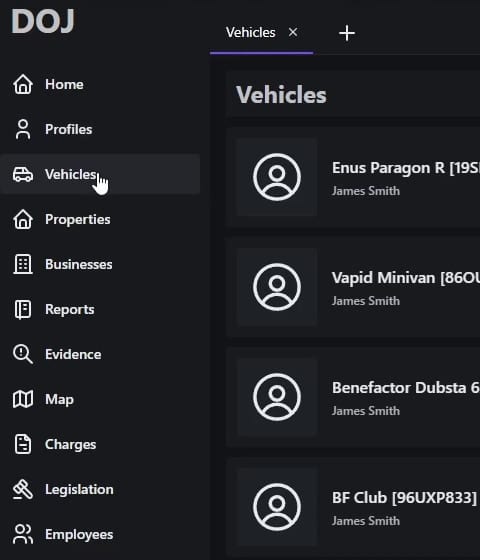 MDT titled DOJ with its page menu from Home, Profiles and Vehicles to Legislation and Employees, open on Vehicles with the first vehicle rows cut at the right edge.