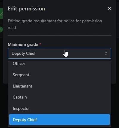 Edit permission dialog reading "Editing grade requirement for police for permission read", with Minimum grade set to Deputy Chief and a list from Officer to Deputy Chief.