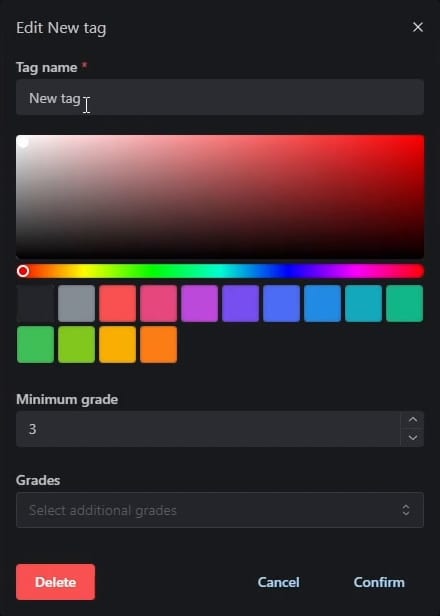 Edit New tag dialog with a tag name field, a colour picker with fourteen swatches, Minimum grade set to 3, a Grades list and Delete, Cancel and Confirm buttons.
