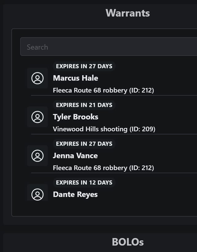 MDT V2 home page detail: the Warrants list with a search field and four warrants, each with an expiry badge, a name and an incident, above the BOLOs heading.