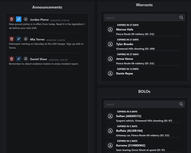 MDT V2 home page detail: pinned announcements beside a warrants list with expiry dates and three vehicle BOLOs with plates.