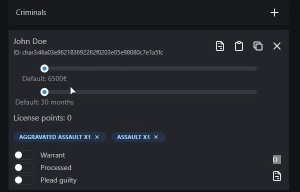 Criminals section of an MDT incident: John Doe with fine and sentence sliders, two assault charges and Warrant, Processed and Plead guilty switches.