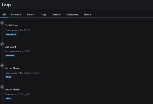 MDT V2 Logs detail: page tabs for All, Incidents, Reports, Tags, Charges, Employees and Home above create and delete entries, each tagged with its page.