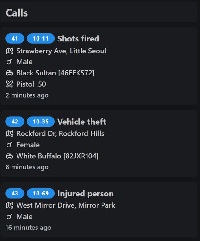MDT V2 map page detail: the Calls list with three calls, Shots fired, Vehicle theft and Injured person, each with a number, a code, a street and how long ago it came in.