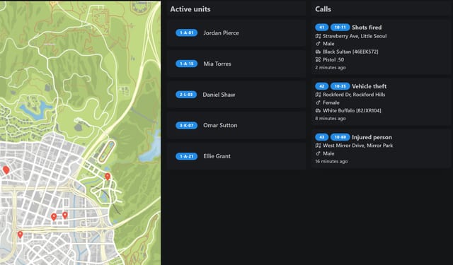 MDT V2 map detail: red markers on the city street map beside an active units list with callsigns and three calls with code, location and time.
