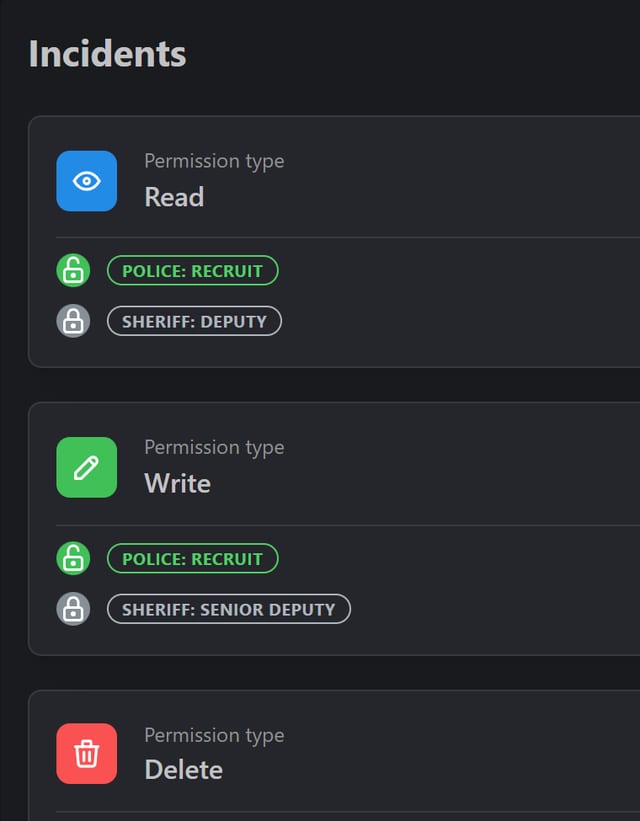 MDT V2 Permissions detail for Incidents: the Read and Write permission types, each with a Police: Recruit badge and a Sheriff badge, above the Delete type.