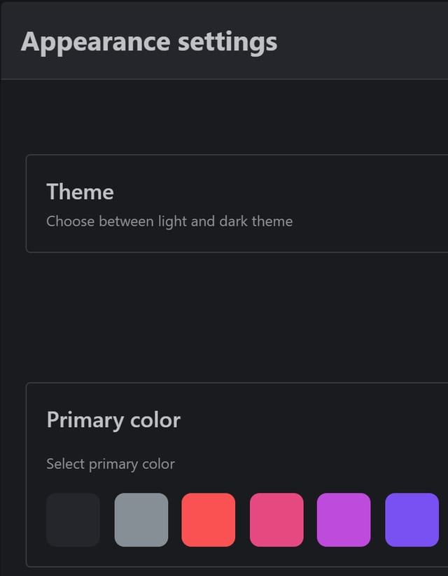 MDT V2 Appearance settings detail: a Theme row that reads Choose between light and dark theme, above a Primary color row with six colour swatches.