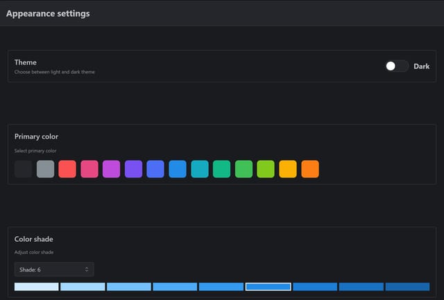 MDT V2 Appearance settings: a theme switch set to Dark, 14 primary colour swatches and a colour shade bar.