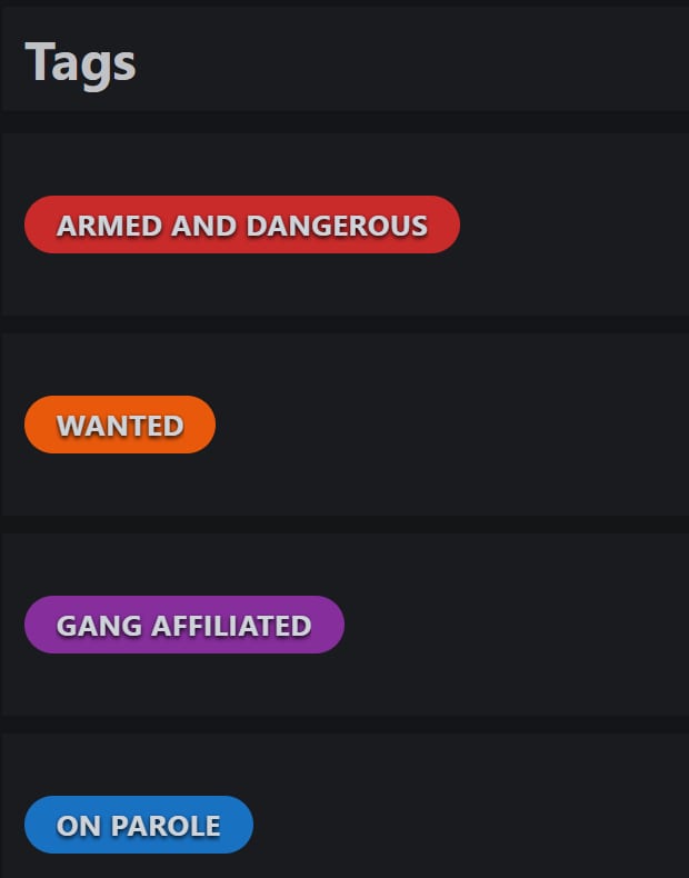 MDT V2 Tags detail: four tags in different colours, Armed and dangerous, Wanted, Gang affiliated and On parole.