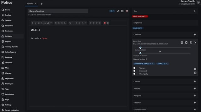 MDT incident record named Gang shooting: a linked criminal with fine and sentence sliders, two charges and warrant options, then the list of linked sections scrolls and an evidence record opens with an image URL dialog.