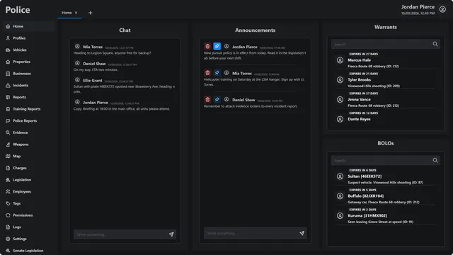 MDT V2 home page with an officer chat, pinned announcements, a warrants list with expiry dates and vehicle BOLOs with plates, beside the full page menu.
