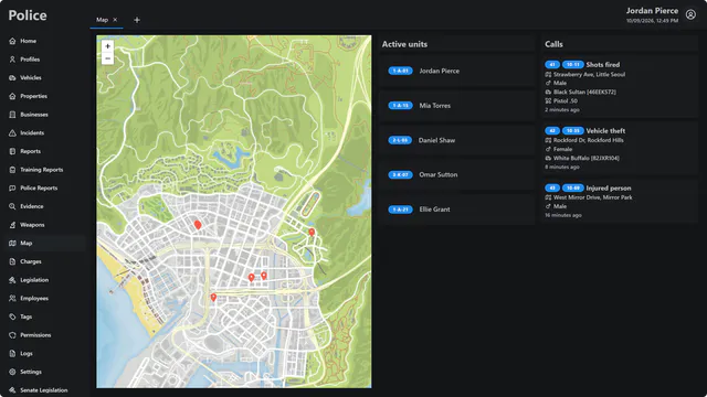 MDT V2 map page with a GTA V street map, unit and call markers, an active units list with callsigns and a calls list with code, location, gender, vehicle, weapon and time.