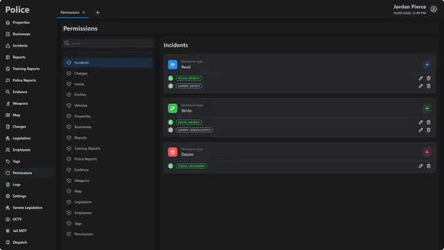 MDT V2 Permissions page for Incidents: Read, Write and Delete permission types with job and grade badges for Police and Sheriff, and a page menu that includes Senate Legislation, CCTV, Jail MDT and Dispatch.
