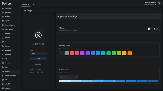 MDT V2 Settings page with an officer card showing callsign, status and phone, a dark and light theme switch, 14 primary colour swatches and a colour shade selector.