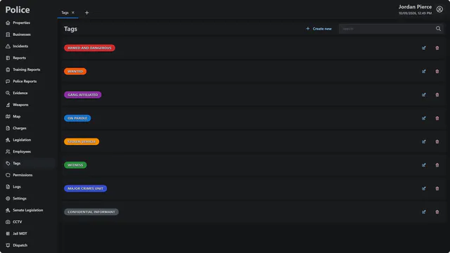 MDT V2 Tags page with eight tags in different colours, each with edit and delete icons, and a Create new button.