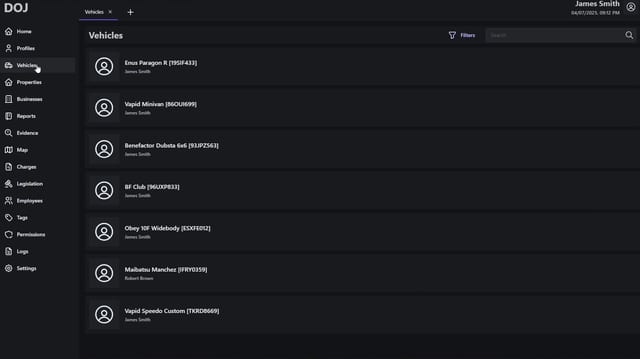 MDT titled DOJ with a purple accent, open on its Vehicles page: seven vehicles with plates and owner names, beside a page menu that runs from Home, Profiles and Vehicles to Permissions, Logs and Settings.