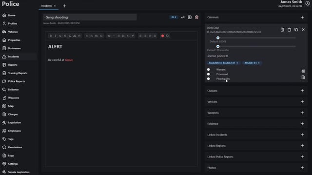 MDT incident page scrolled to its linked sections: Criminals, Civilians, Vehicles, Weapons, Evidence, Linked Incidents, Linked Reports, Linked Police Reports and Photos.