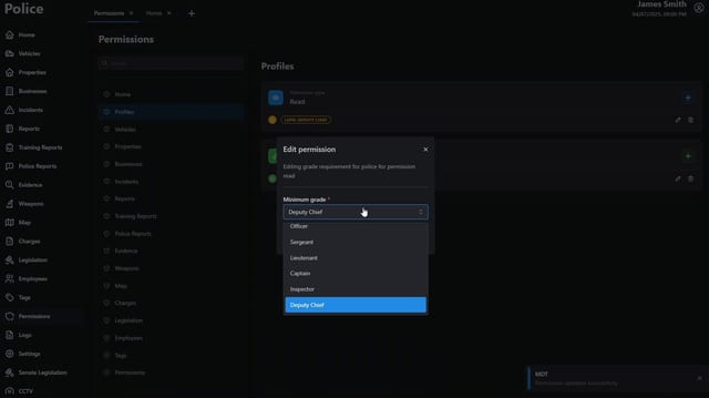 MDT Permissions page for Profiles with an Edit permission dialog, a Minimum grade list from Officer to Deputy Chief and the notice "Permission updated successfully".