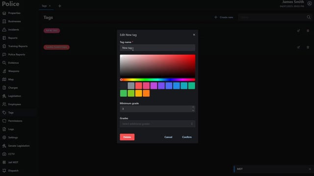 MDT Tags page with two tags, New tag and Gang shooting, and an Edit New tag dialog with a tag name field, a colour picker with fourteen swatches, Minimum grade set to 3, a Grades list and Delete, Cancel and Confirm buttons.