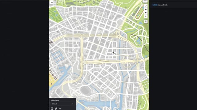 Street map of the city with one unit marker, drawing tools on its right edge, a Select layer box set to Global and a unit list with James Smith.