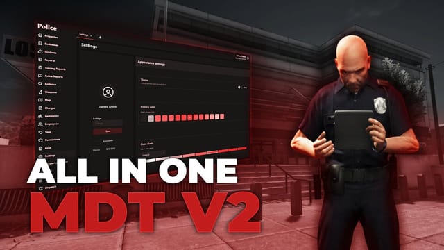 Police officer holding a tablet beside a dark MDT settings screen.