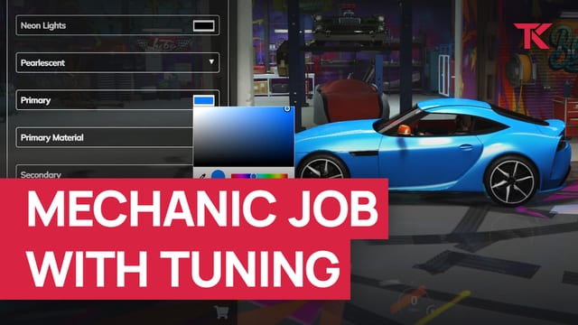 Tuning menu with Neon Lights, Pearlescent and Primary rows and an open colour picker beside a blue sports car in a workshop.