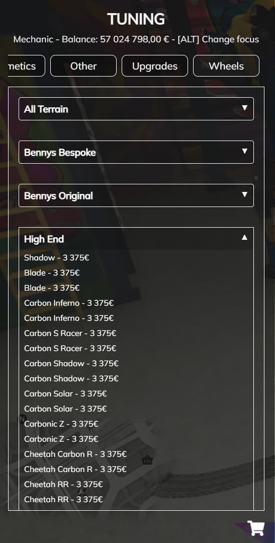 Tuning menu with category tabs, a Wheels list in the High End group with item prices and a cart icon.