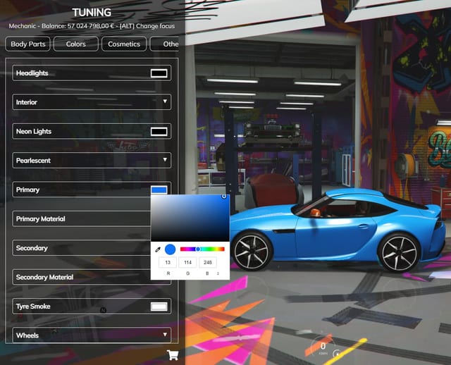 Tuning menu on the Colors tab with a colour picker for the primary colour beside a blue sports car in a garage.