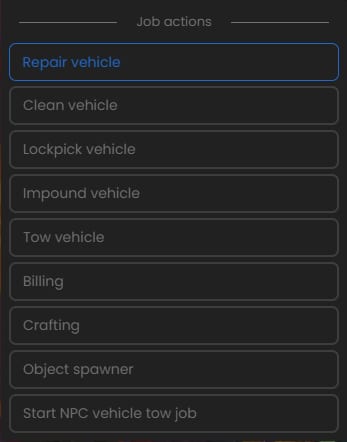 Job actions menu with Repair vehicle, Clean vehicle, Lockpick vehicle, Impound vehicle, Tow vehicle, Billing, Crafting, Object spawner and Start NPC vehicle tow job.