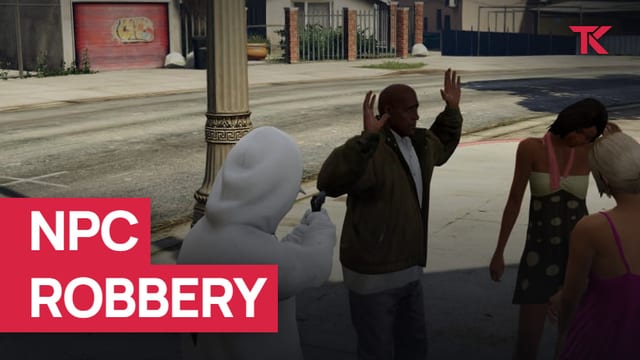 Player in a white hoodie aiming a pistol at a man with raised hands on a pavement, with two women standing by.
