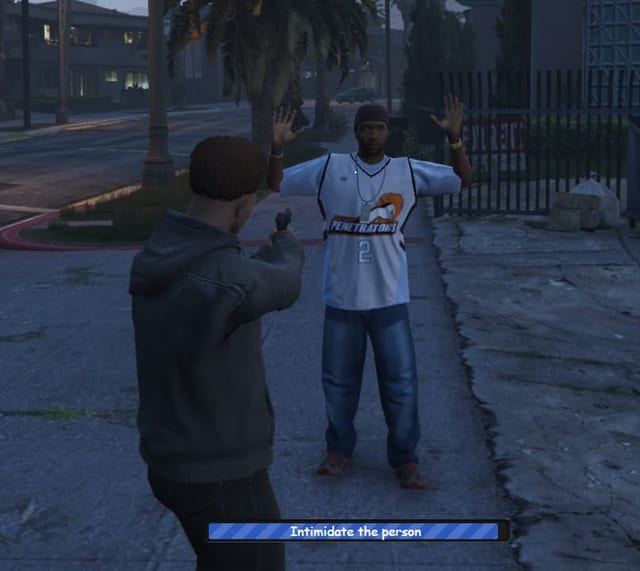 Player aiming a pistol at an NPC with raised hands and an "Intimidate the person" progress bar.