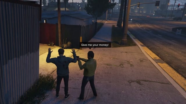 A man in a green jacket pointing a pistol at a player with raised hands beside a corrugated fence at dusk, under the speech bubble "Give me your money!".