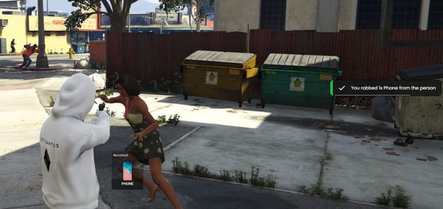 Player aiming at a fleeing NPC with a "You robbed 1x Phone from the person" notification and a Received Phone item.
