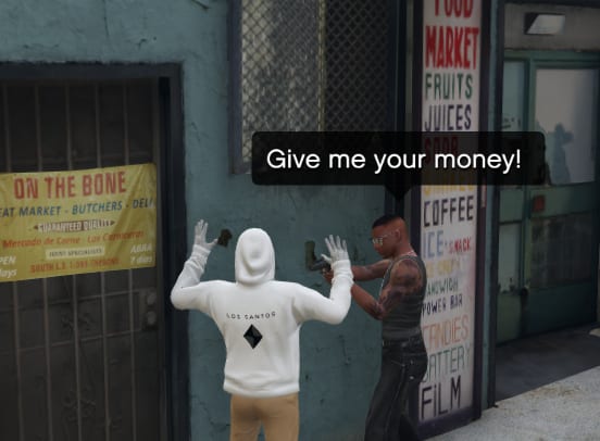 An NPC aiming a pistol at a player with raised hands and the speech bubble "Give me your money!".